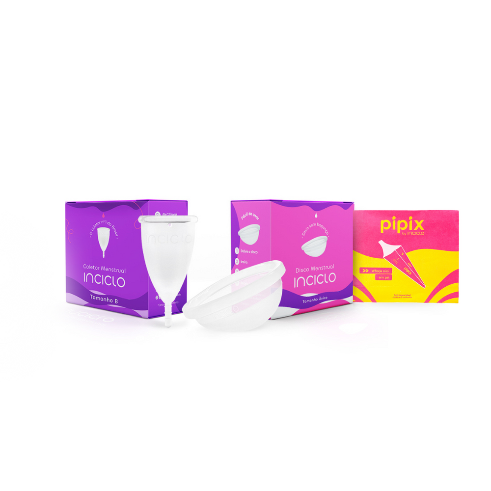 Kit Coletor Menstrual Inciclo + Disco Menstrual + Funil Urinável Pipix (5 unidades) - Loja Inciclo