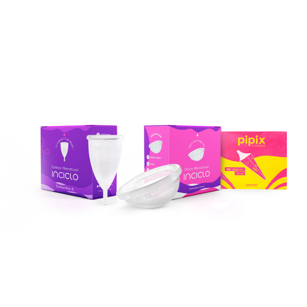 Kit Coletor Menstrual Inciclo + Disco Menstrual + Funil Urinável Pipix (5 unidades) - Loja Inciclo